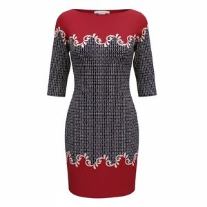 Max Studio Women Red Blue Geometric Print Boat Neck 3/4 Sleeve Sheath Dress M